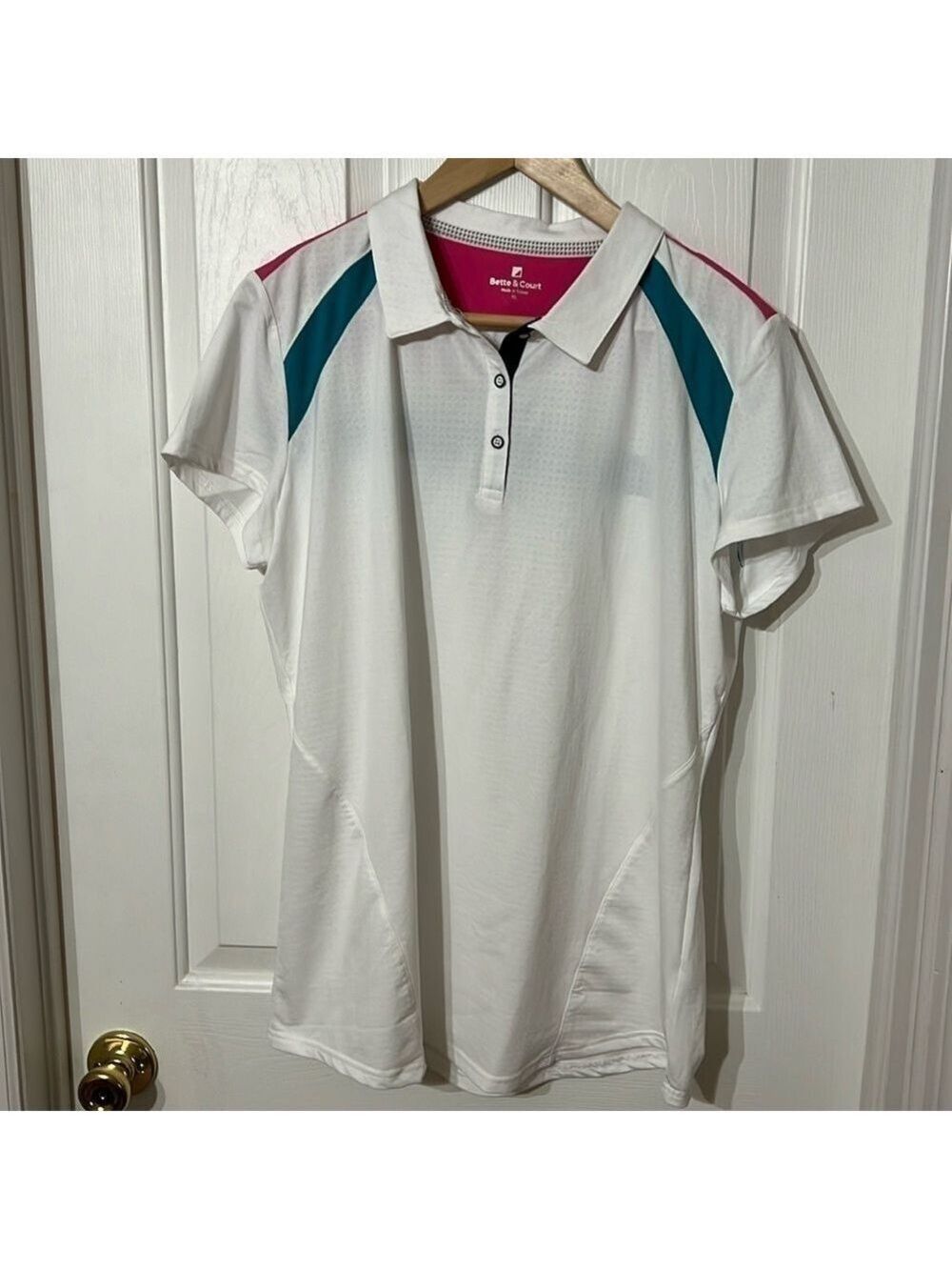 Bette & Court Golf Shirt - ladies Size XL, white, teal, pink, short sleeve.